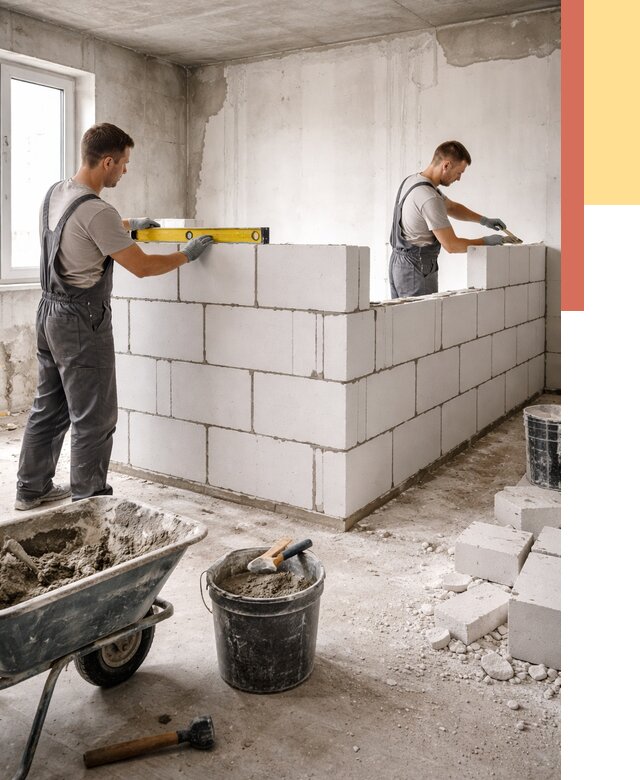 Кладка перегородок из ПГП в Баксане от 2526 руб./м2 — монтаж и возведение под ключ | ОТДЕЛОЧНИК-Бкс