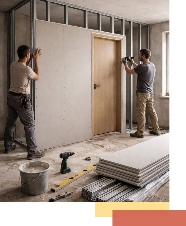 Перегородка из гипсокартона с дверью под ключ в Баксане