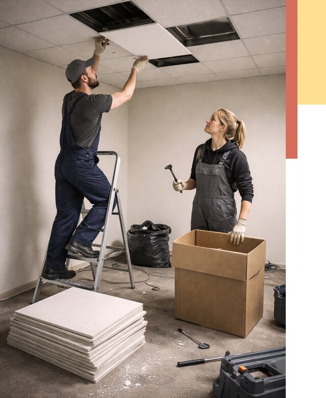 Демонтаж потолочной плитки в Баксане от 4546 руб. быстро и недорого | ОТДЕЛОЧНИК-Бкс