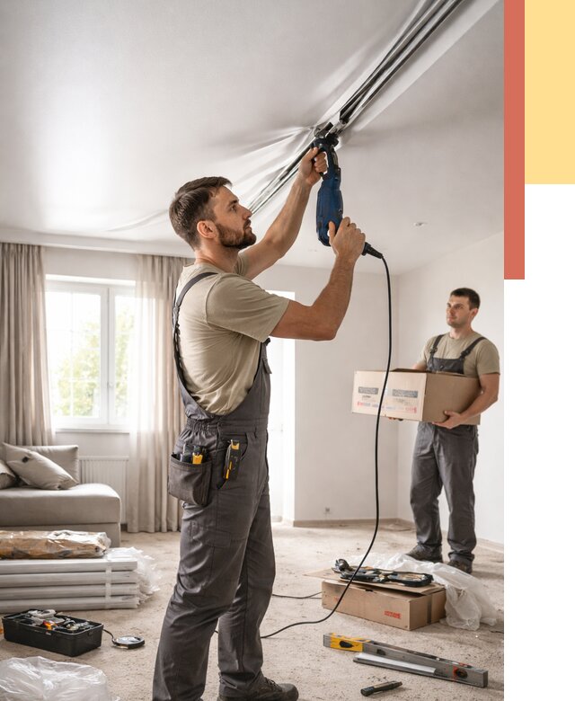 Монтаж сатинового натяжного потолка в Баксане от 3536 руб. | Быстро, недорого — ОТДЕЛОЧНИК-Бкс