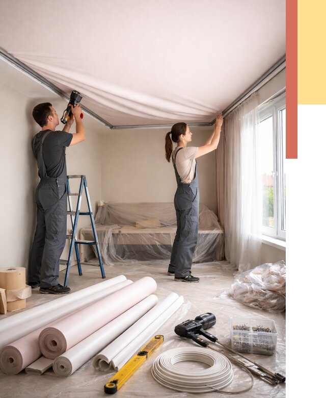 Монтаж цветного натяжного потолка в Баксане от 4243 руб/м² — быстро и недорого | ОТДЕЛОЧНИК-Бкс