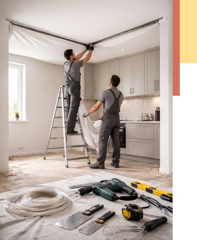 Установка натяжного потолка на кухне в Баксане от 2424 руб. | ОТДЕЛОЧНИК-Бкс