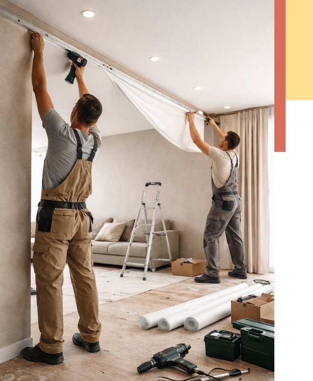 Монтаж натяжного потолка в гостиной в Баксане от 556 руб. | ОТДЕЛОЧНИК-Бкс