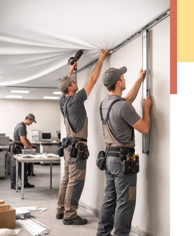 Монтаж натяжного потолка в офисе в Баксане от 455 руб/м² — быстро и недорого | ОТДЕЛОЧНИК-Бкс