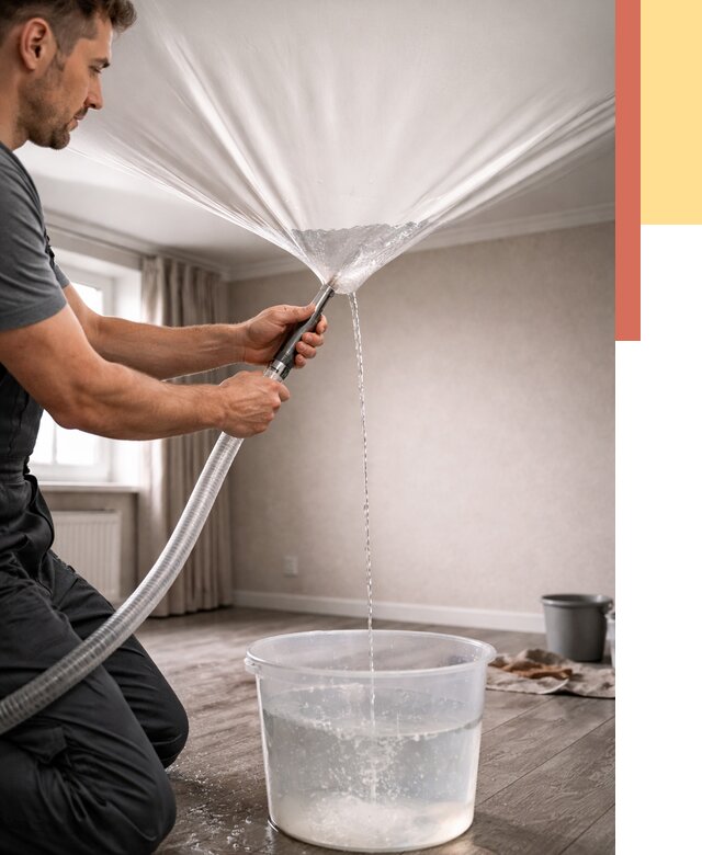 Слив воды с натяжного потолка в Баксане от 2526 руб. быстро и недорого | ОТДЕЛОЧНИК-Бкс