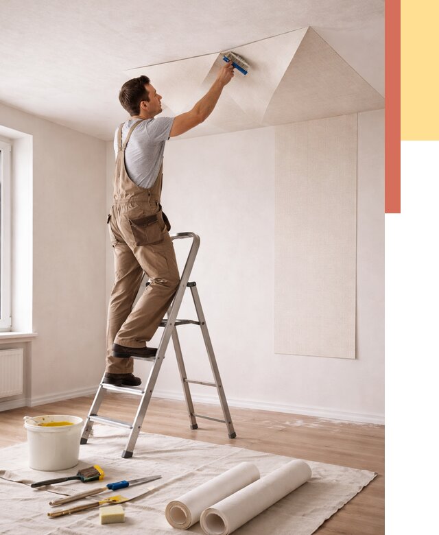 Поклейка обоев на потолок в Баксане от 4546 руб. быстро и недорого | ОТДЕЛОЧНИК-Бкс